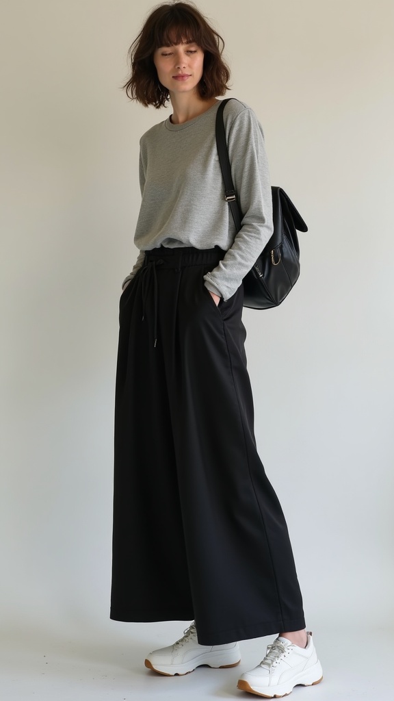 A woman in loose black palazzo pants, a soft grey long-sleeve