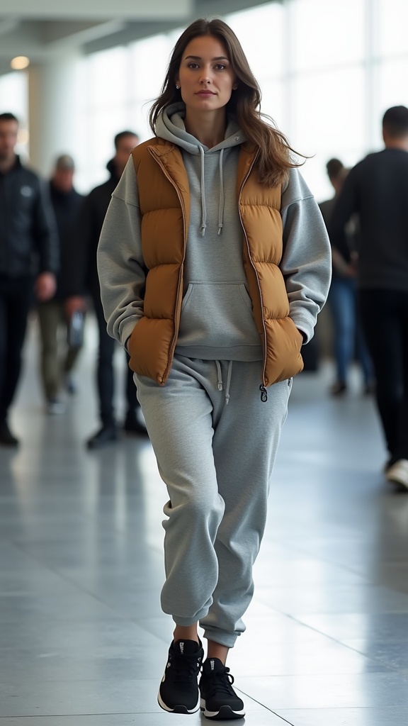 A woman in matching grey sweatpants and hoodie set