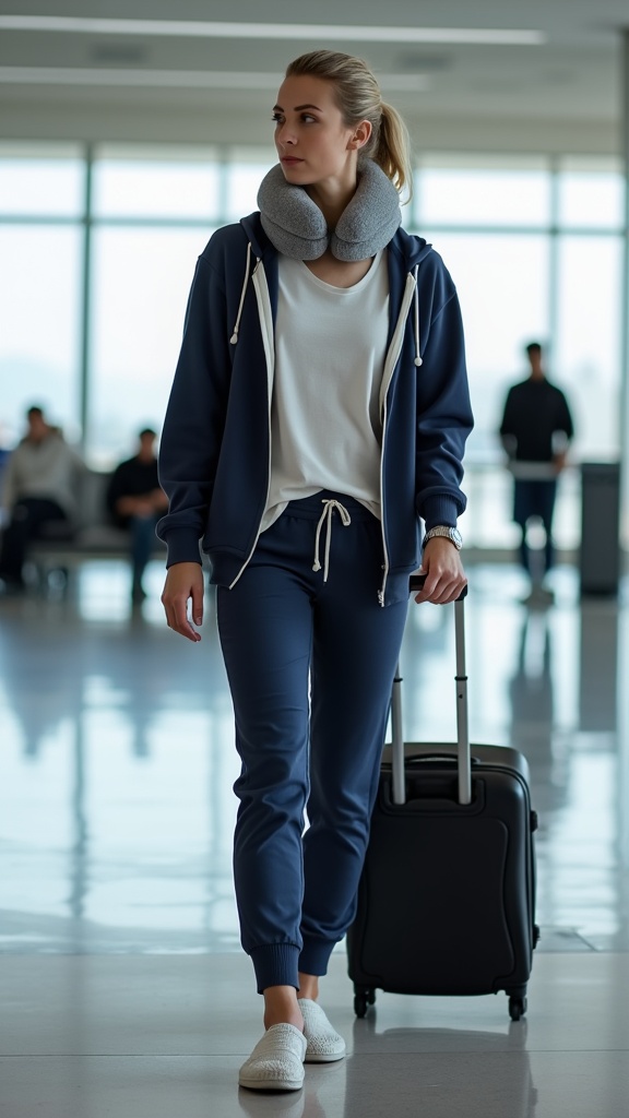 A woman in navy track pants, a basic tee, an unzipped hoodie, and slides with socks