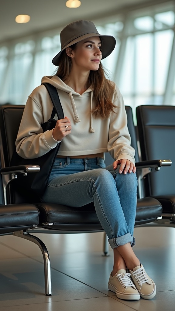 A woman in rolled-up jeans, cropped hoodie, slip-on Vans, and a bucket hat