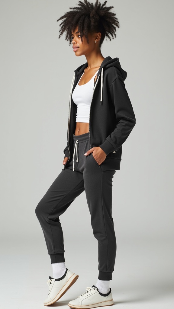 A woman in tapered joggers, a tucked-in tank top, cozy zip hoodie