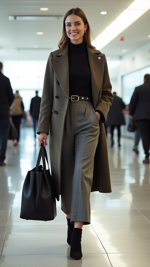 A woman inside the terminal wearing wool culottes, a slim-fit knit top