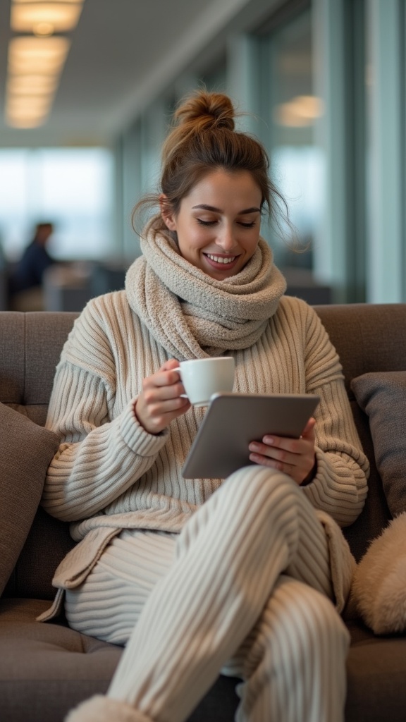 A woman lounging comfortably in an airport lounge wearing a matching ribbed knit lounge set