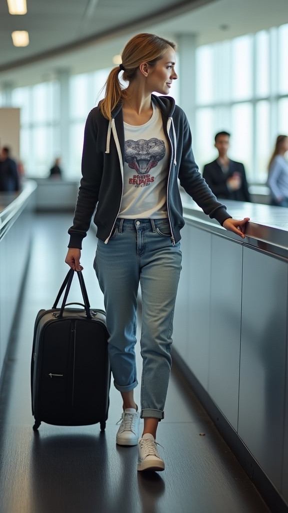 A woman moving through airport security in jogger jeans, a graphic tee