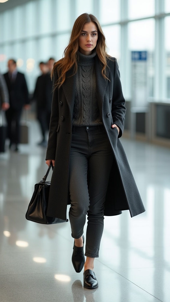 A woman moving through the airport in charcoal wool pants, a cable-knit sweater
