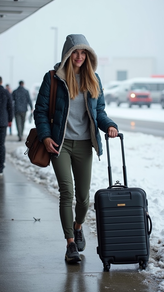 A woman navigating a snowy airport curbside pickup zone in layered fleece pants