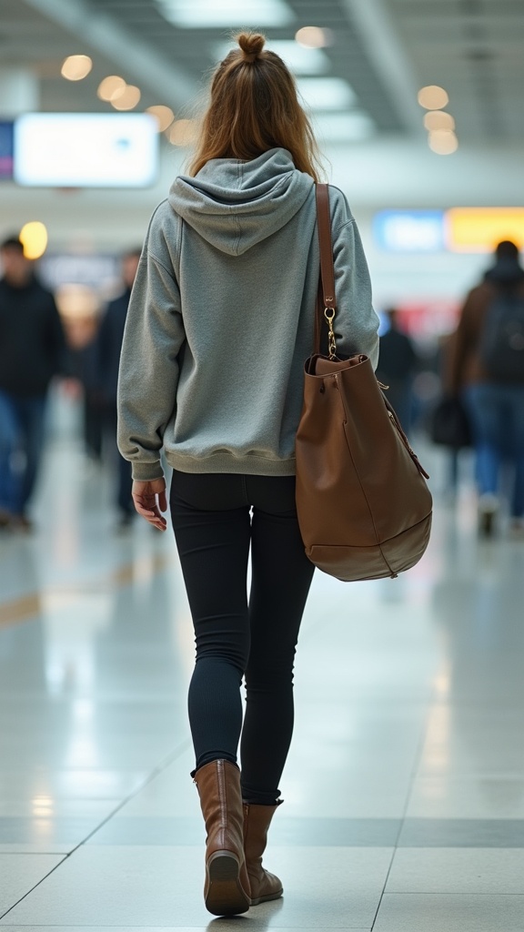 A woman navigating the terminal in ribbed leggings, a hoodie