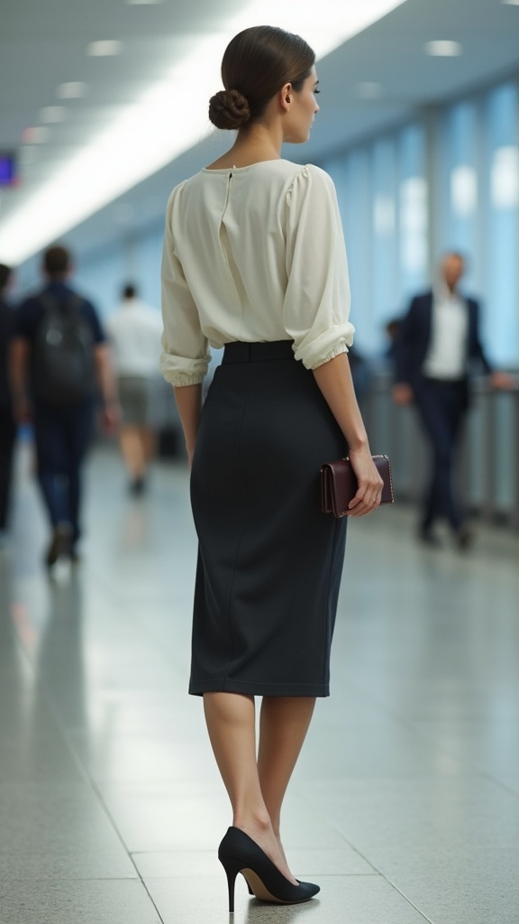 A woman near airport security in a midi pencil skirt, a soft cotton blouse