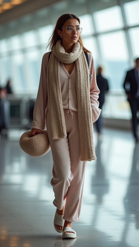 A woman near the airport gate in a matching ribbed lounge set