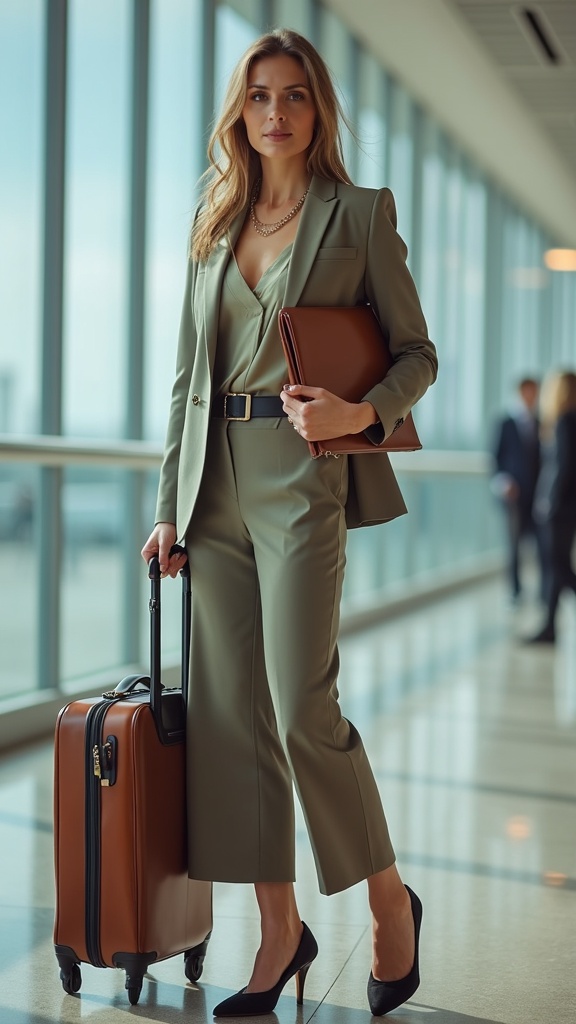 A woman near the airport gate in a matching tailored set with wide-leg trousers