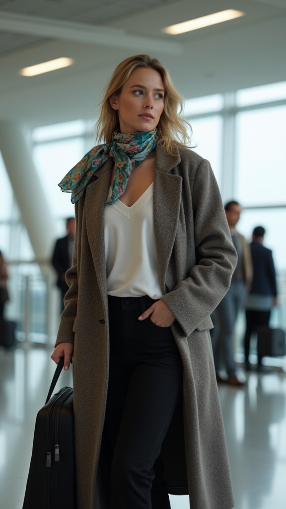 A woman near the airport gate in black slacks, a white tee, a printed silk scarf