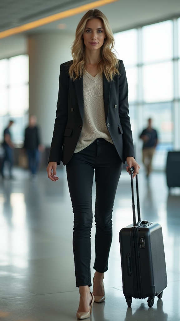 A woman near the airport gate in business-layered cotton pants