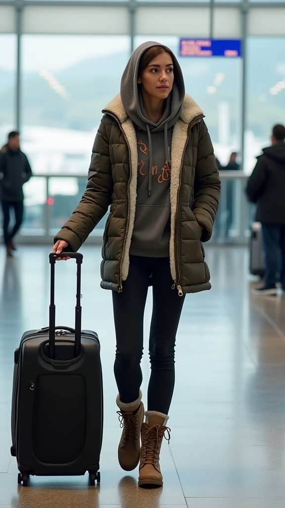 A woman near the airport gate in fleece-lined leggings, an oversized hoodie