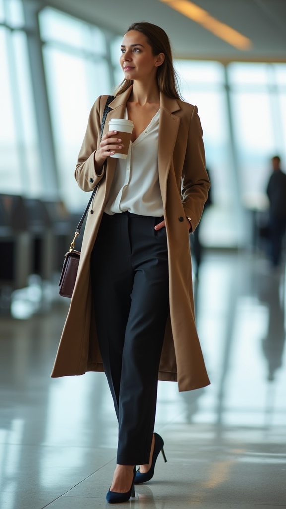 A woman near the airport gate in wide-leg pants, a shell top, a longline coat