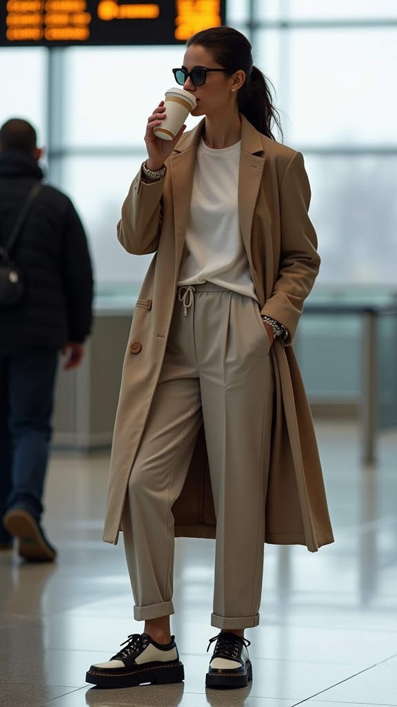 A woman near the boarding gate in straight-leg pants, a longline tee