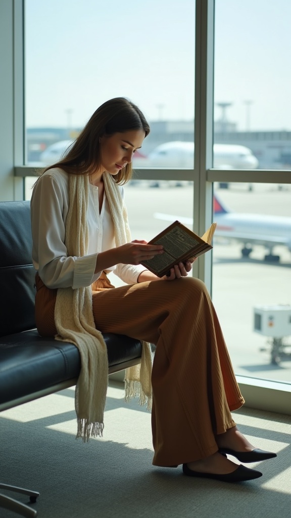 A woman relaxing close to the airport gate in pleated wide-leg pants