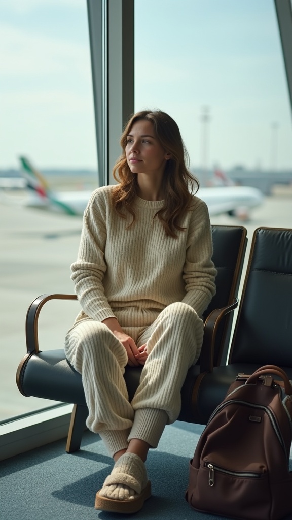 A woman relaxing near the boarding gate in ribbed lounge pants