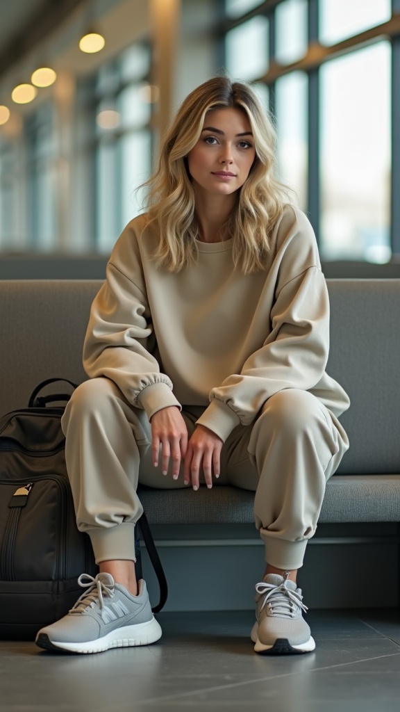 A woman seated at her gate in khaki joggers