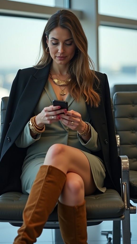 A woman seated at the airport gate in a wrap dress and oversized blazer