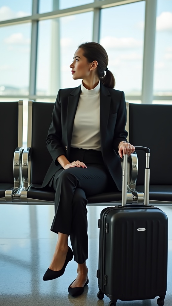 A woman seated at the airport gate in creased slacks