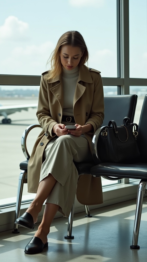 A woman seated at the airport gate in wide culottes