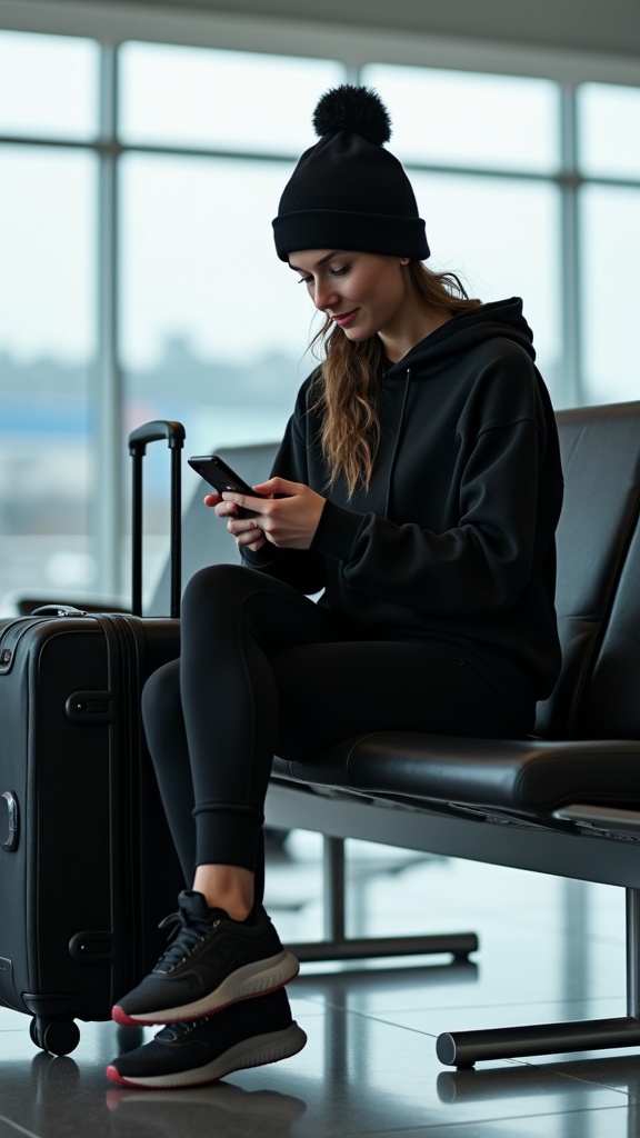 A woman seated in the departure lounge dressed in stretch-fit black joggers