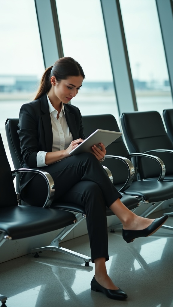 A woman seated near the airport gate in high-waisted slacks