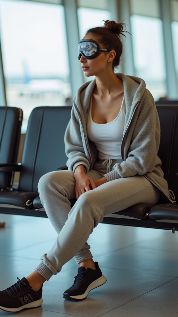 A woman seated near the airport gate in soft joggers