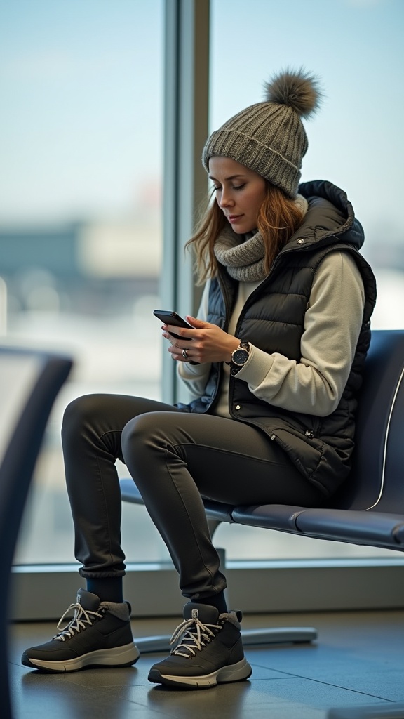 A woman sitting by the airport gate in cargo joggers