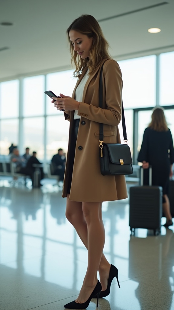 A woman standing at the airport gate in a stretch pencil skirt
