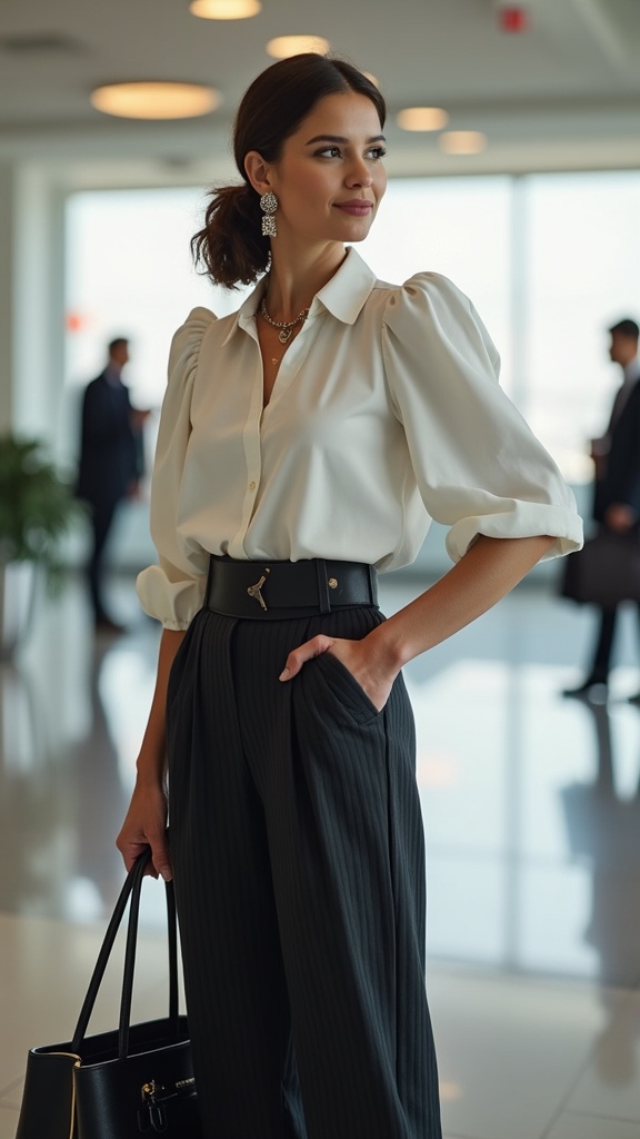 A woman standing at the airport gate in high-waisted pleated trousers,