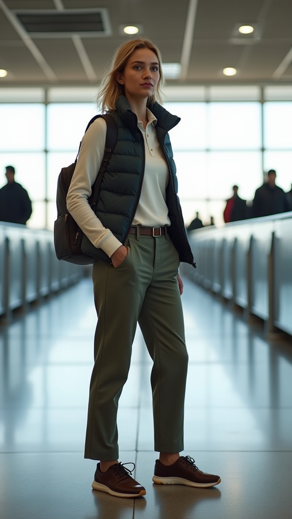 A woman standing at the airport gate in relaxed straight trousers