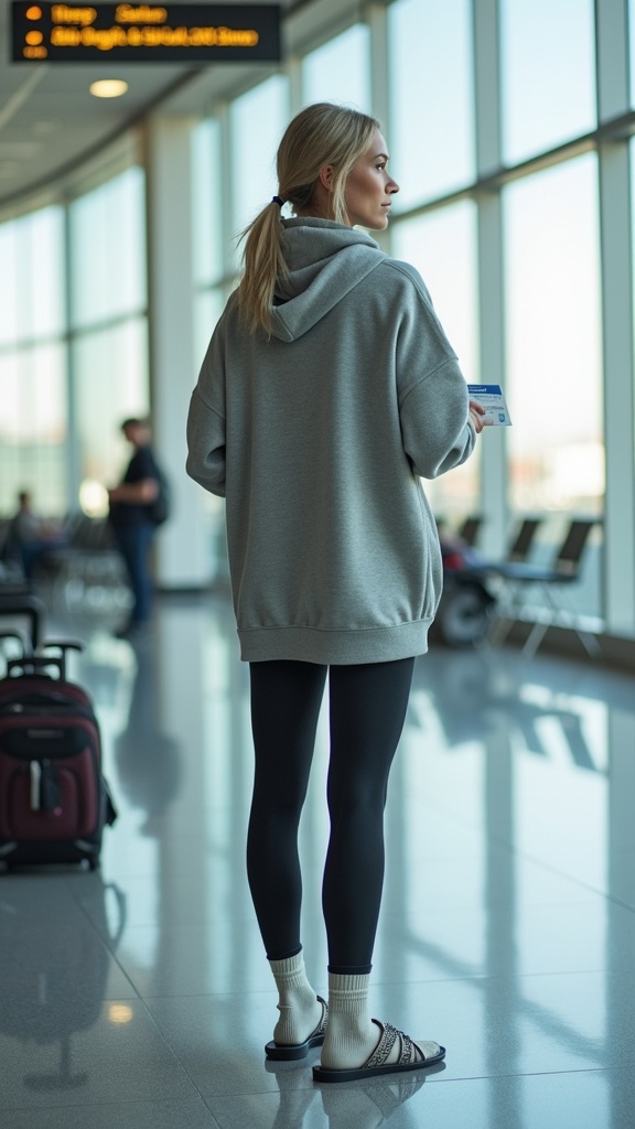 A woman standing near her gate at the airport in ultra-soft leggings