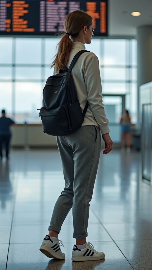 A woman standing near the airport boarding gate in tapered fleece pants