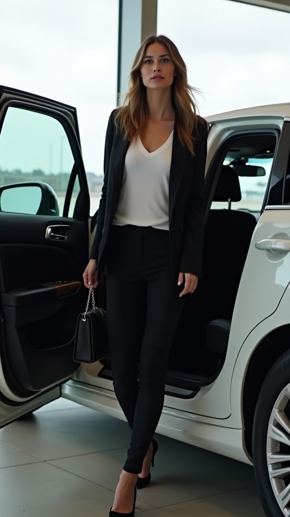 A woman stepping out of a car at the terminal in slim-fit black pants
