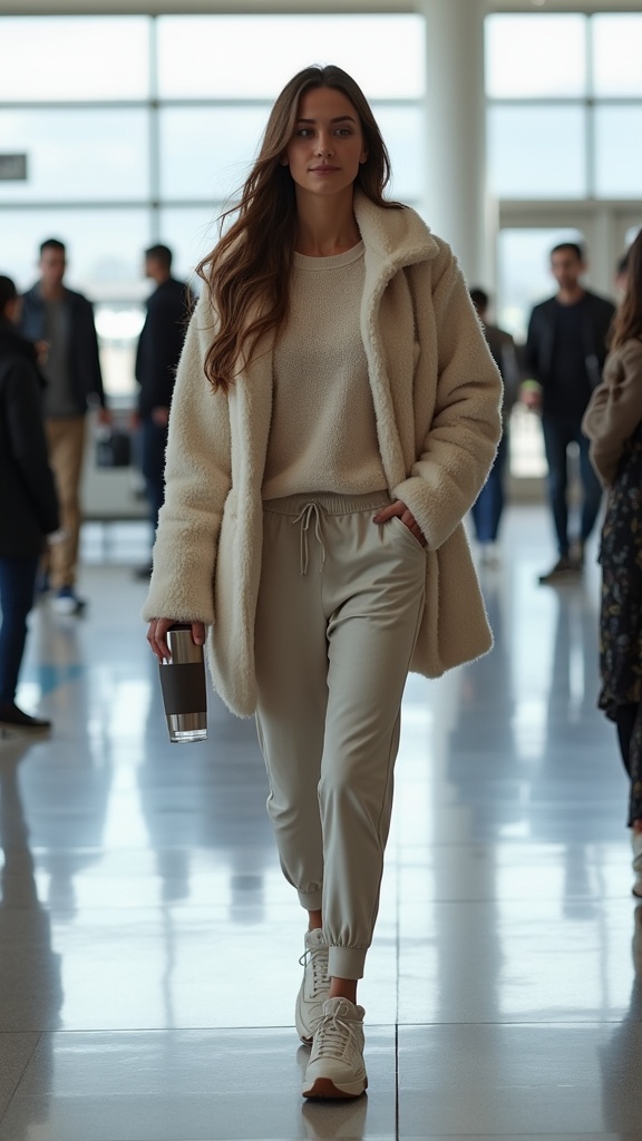A woman strolling past the airport gate in soft joggers, a waffle-knit top
