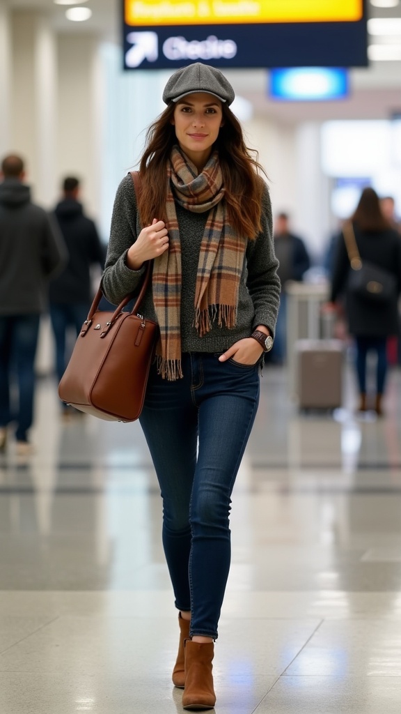 A woman strolling toward check-in in dark denim jeans, a merino wool sweater