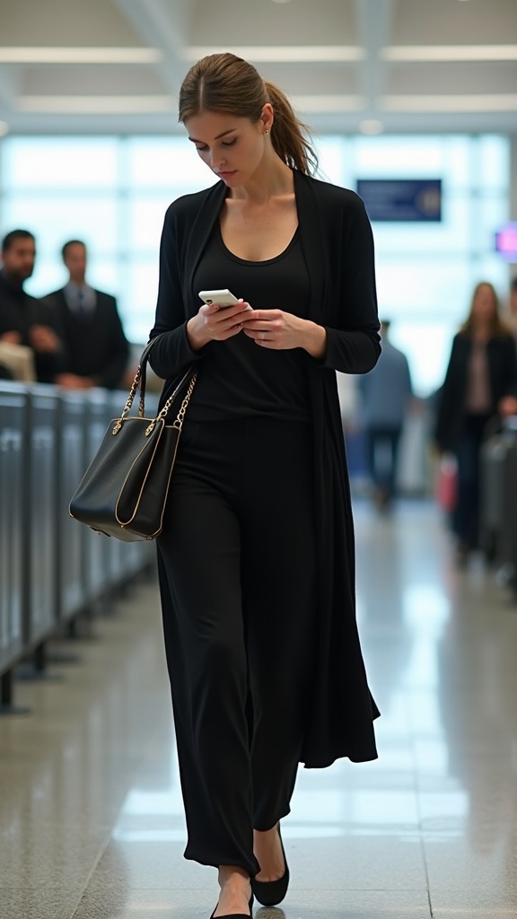 A woman waiting at baggage claim in flowy black pants