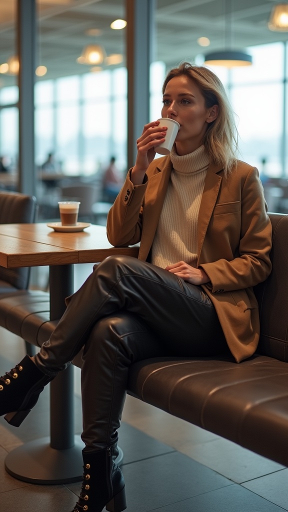 A woman waiting at the airport café in leather joggers, a cozy turtleneck