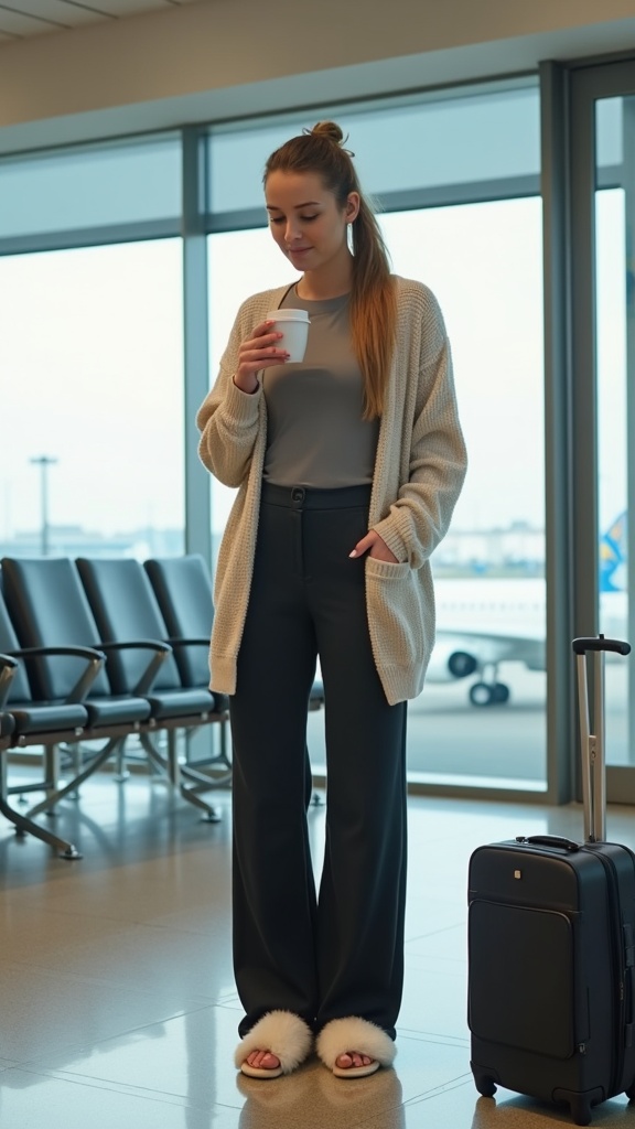 A woman waiting at the airport gate in wide-leg yoga pants, a seamless fitted top