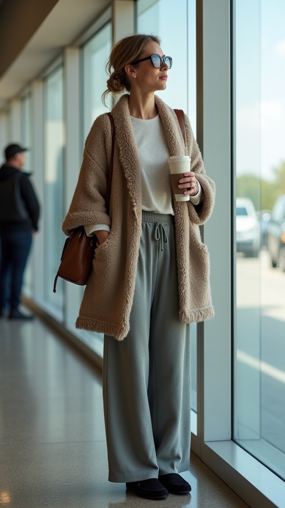 A woman waiting by the airport gate in wide-leg knit pants, a thermal tee