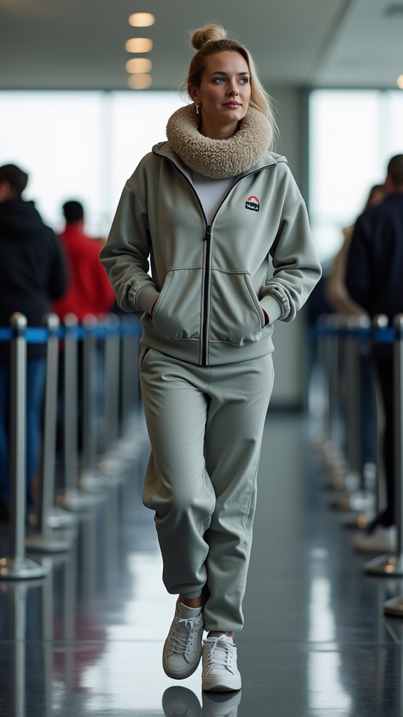 A woman waiting in line for boarding dressed in a lightweight tracksuit