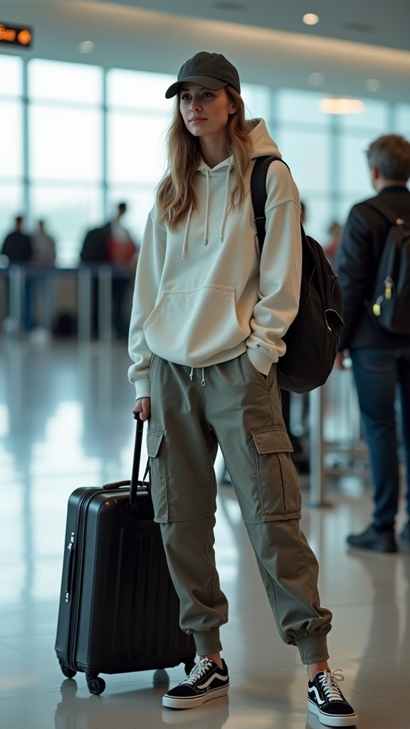A woman waiting in the check-in line at the airport in cargo joggers