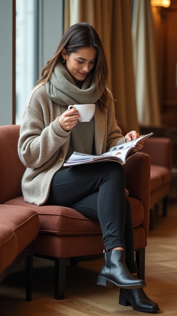 A woman waiting in the lounge in a soft cashmere sweater