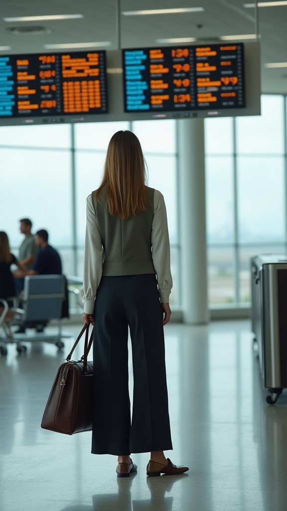 A woman waiting near the airport gate in palazzo pants, a tailored vest