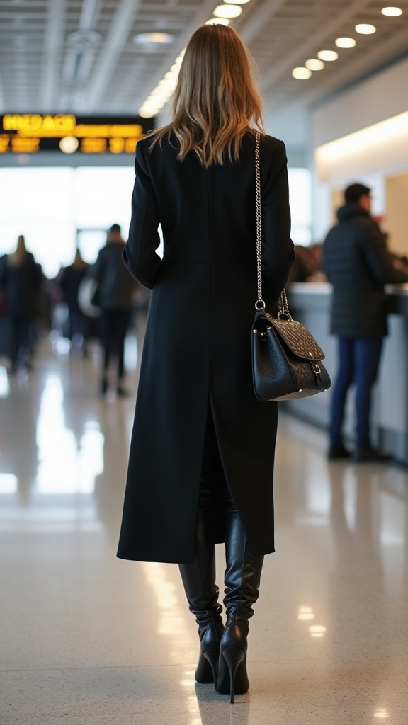 A woman waiting near the check-in counter in sleek leather leggings