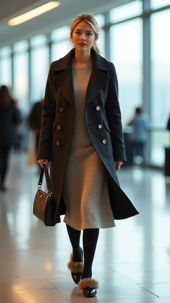 A woman walking across the airport atrium in a knit midi dress