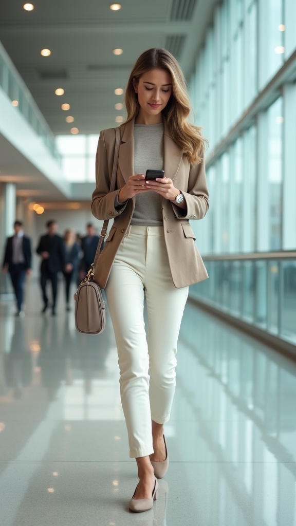 A woman walking confidently through the airport terminal in cream tailored pants