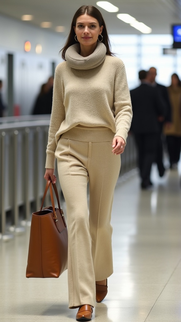 A woman walking past airport security wearing a matching knit co-ord set