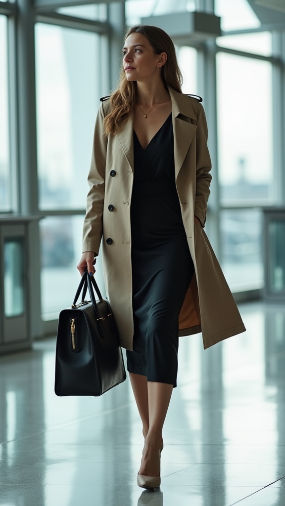 A woman walking past the airport gate in a fitted midi dress